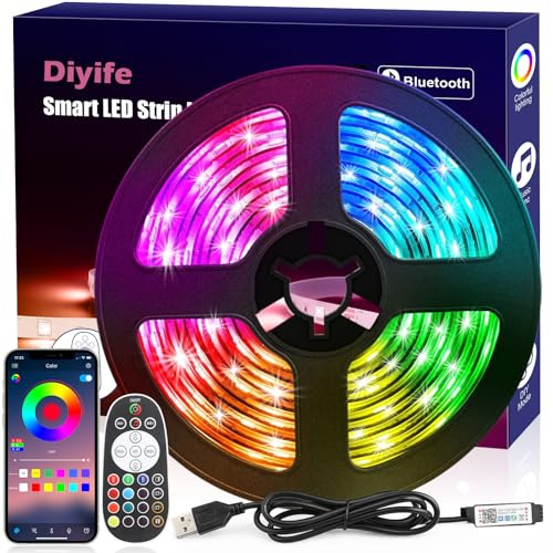 Diyife LED-Remsa 3M, Fjärrkontroll och App-Kontroll, RGB LED-Remsor | Bluetooth LED-Ljusslinga, Flexibelt LED-Band, Musiksynkronisering, för Fest, Hem, Sovrum, TV