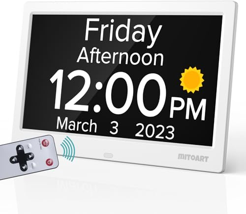 Mitoart 10.1 Inch Digital Alarm Clock with Date and Day of Week for Dementia Seniors, Clear Large Screen, Multiple Alarm Sets, Auto DST, Designed Specifically for Elderly - White