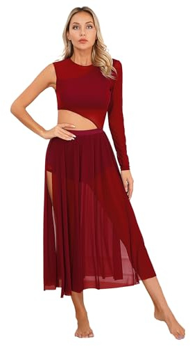 Agoky Damen Latein Tanzkleider Mesh Spleiß Ballettanzug Cut-Outs Ballett Trikot mit Langem Ballettrock Seitenschlitz Modern Walzer Kleider Burgundy L