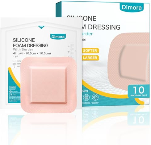 Dimora Ultra Soft Silicone Foam Dressing 4x4 (10 Pack)- Super Absorbent Wound Dressing with Widened Border, Adhesive Foam Bandages for Bed Sores, Ulcer, Surgical Wound
