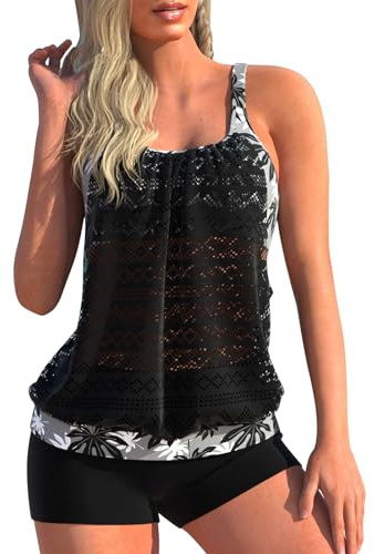 IHCEMIH Swimming Costume Women Tankinis Sets Blouson Swimsuits Push up Hollow High Waisted Swimwear Bathing Suit Women's Printed Beachwear 2 Piece Tankini with Shorts for Ladies UK Black L
