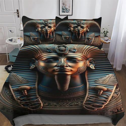PAZZK Ägyptischer Pharao Bettwäsche-Set, 3D Motiv, Bettbezug 2teilig Mit Kopfkissenbezug Für Jungen Mädchen Schlafzimmer Atmungsaktiv Mikrofaser Deckenbezug Single (135x200cm)