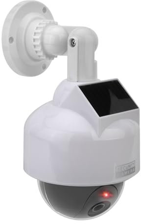 Dummy Fake Security CCTV Dome Camera, Solar Powered Simulated Surveillance Cameras with Flashing Red LED Light & Warning Security Alert Sticker for Home Garden& Business Outdoor/Indoor - White