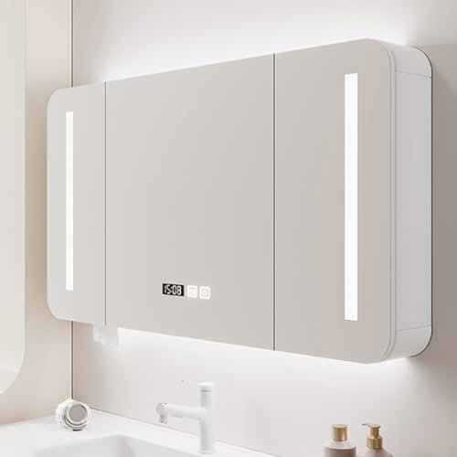 Modern spiegelschrank aus Holz abgerundete Ecken,spiegelschrank bad mit Entnebelung beleuchtung,badezimmerschrank hängend schmal mit LED Leuchten,Temperatur mit der Zeit,großer schminkspiegel(White,80