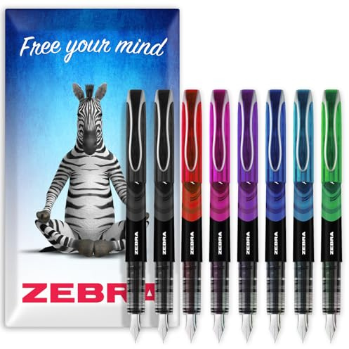 Zebra Fuente - Pluma estilográfica desechable - Una de cada tinta de color + negro extra - Paquete de 8 - En cartera de cartón