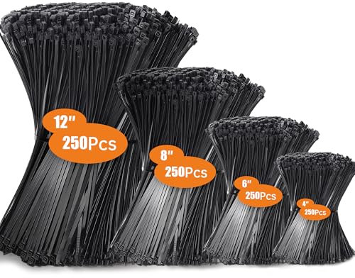 Hosuni 1000 Stück Kabelbinder Schwarz Set,100/150/200/300 mm Kabelbinder UV Beständig,Cable Ties Nylon Verschiedene Größen für Kabelmanagement,Gartenarbeit,Wohnen,Werkstätten