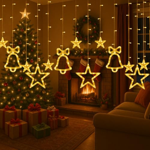 AuFiiy Luci Natalizie da Esterno, Tenda Luminosa 2,5 m con stelle 176LED, LED Luci di Natale con Telecomando 8 Modalità, IP44 per Finestre e Decorazioni Natalizie