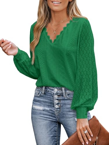 CUPSHE Blusa para mujer con encaje festoneado y recortes, mangas largas de encaje, cuello en V, puños elásticos, camisa elegante y chic, Verde esmeralda., M