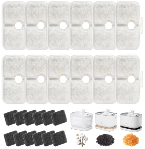PEAKTOP 24 stycken kattfontänfilter, kompatibelt med PLWF105/PLWF115/PLWF005, kattfontänfilter, fyrfaldigt filtersystem, dricksfontänfilter för katter, 12 filter och 12 svampar