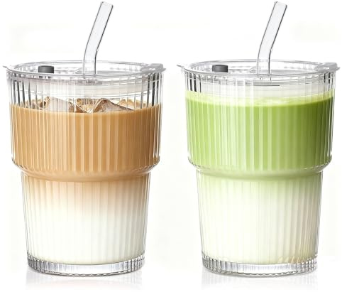 VITEVER 2 Stück 380ml Glasbecher mit Deckel und Strohhalm, Glas Smoothie Becher mit Strohhalm, Luftdicht Wasserdicht Design Kaffeebecher Travel Mug, Eiskaffee Becher, Trinkglas
