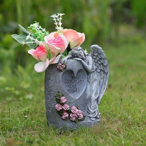 Décoration de jardin - Ange solaire - Lanterne funéraire à LED - Avec vase en forme de cœur - Décoration de jardin pour l'extérieur - Résistant aux intempéries - Lanterne funéraire solaire avec deux