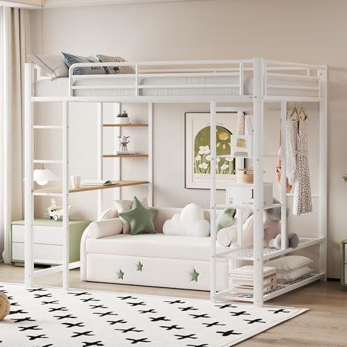 YuQozii Cama alta con escalera 90 x 200 cm, cama individual para niños con mesa con fácil suspensión con estantes, color blanco