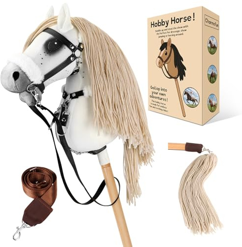 Charmofun Hobby Horse, Caballo de Palo para Niños, Caballo Juguete para Montar con Cabeza A3, Suave Arnés de Felpa y Cola Fluida, Ideal para Juego y Regalo (Blanco)