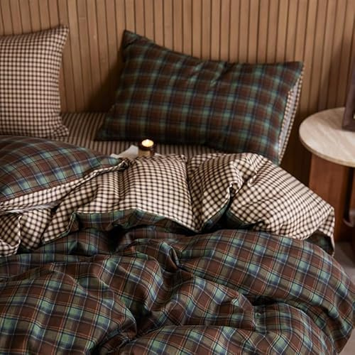 Freyamy Housse de Couette 240x260cm à Carreaux Vichy Vert Marron Parure de lit Adulte 2 Personne avec Fermeture Éclair Moderne Sets de Housse en Microfibre avec 2 Taie d'oreiller 65 x 65cm