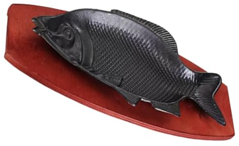 Toyvian Plato para Asar en Hierro con Forma de Pescado, Bandeja para Servir Alimentos y Aperitivos, Resistente al Calor, Base de Madera, Adecuado para Barbacoa, Restaurantes y Hogar, 1