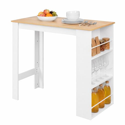 buybyroom Kitchen Counter, Bar Table with 3 Storage Shelves, High Bar Table for Dining Room, Living Room, & Kitchen, 112×57×106 cm, White + Light Oak Color