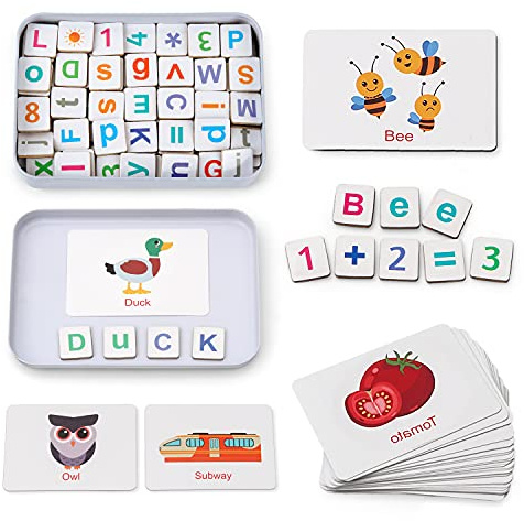 Coogam Wooden Magnetic Letters and Numbers Toys, Fridge Magnets ABC Alphabet Word Flash Cards Spelling Counting Game Learning Uppercase Lowercase Math for 3 4 5 Year Old Preschool Toddler Kid Boy Girl