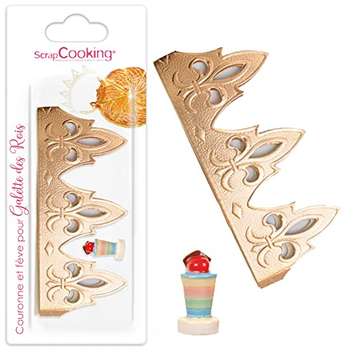 SCRAP COOKING - Kit Fève + Couronne pour Galette des Rois - Accessoires Pâtisserie Épiphanie pour Galette Frangipane Amandes Pommes Maison Porcelaine Or Dorée - 5007