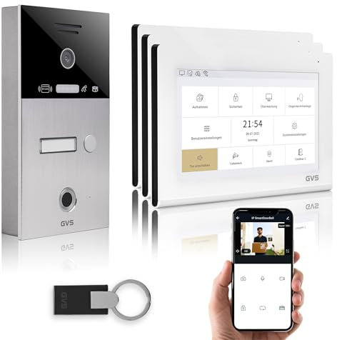 GVS - IP Video Türsprechanlage mit Türöffner, Fingerprint & RFID, HD Kamera, 3X 7 Zoll Monitor & App - Smarte Video Türklingel mit Kamera & Gegensprechanlage für 1 Familienhaus (AVS4473A)