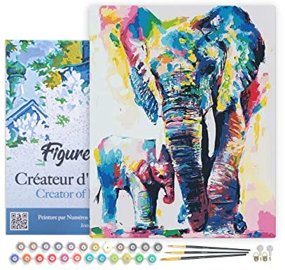 Figured'Art Peinture par Numéro Adulte avec Cadre Eléphants Aquarelle - Activité Manuelle Kit de Loisir Créatif DIY Numéro d'Art Complet - 40x50cm toile tendue sur châssis