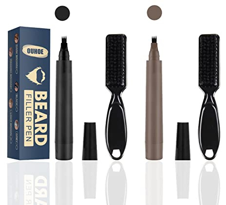 2 Pack Beard Pencil Filler for Men 4 Head Beard Filler Pen with Beard Brush Kit Beard Shaping Tool Waterproof Creates Natural Beard and Brows（Black，Dark Brown）