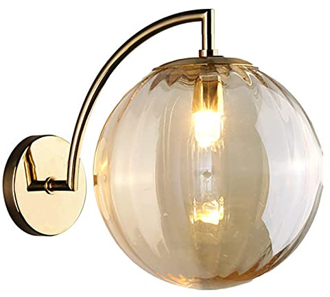 LOTREE Amber Glass Globe Wall Sconces Gold Brass Base Mini Glass Ball Wall Lights for Bedside(Amber)