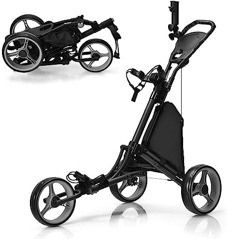 COSTWAY Carrello da Golf Pieghevole con 3 Ruote, Struttura in Alluminio, Cinghia Elastica, Portaombrello Regolabile e Porta Bicchiere, Segnapunti e Freno a Pedale (Grigio)