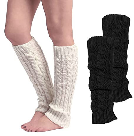 NITAIUN 2 Pairs Chunky Cable Knit Leg Warmers Solid Color Crochet Knitted Long Boot Cuffs Socks Boot Topper Socks Leg Cuffs Over Knee Leg Warmer Socks for Women Girls (Black,White)