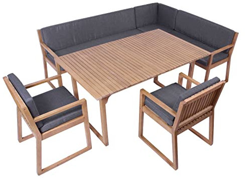 vanvilla Gartenmöbel Set Holz Sitzgruppe Gartenmöbelset Garnitur Terrasse Möbel Sitzgarnitur 1 Tisch 1 Eckbank 2 Sessel Auflage DUNKELGRAU