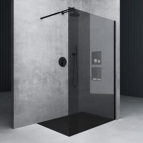 Mai & Mai Box Doccia Walk-In 140x200cm, Parete Doccia in Vetro 10mm Braccio di Sostegno 70-120cm MMBR3 Vetro di Sicurezza ESG con Rivestimento Nano Nero Bremen02VG