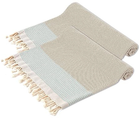 Turkisk Peshtemal Hammamhandduk XXL för strand, spa, yoga, bastu, resor - Lätt, snabbtorkande, ultramjuk 100 % bomull - 100x180 cm - Beige, 2 stycken