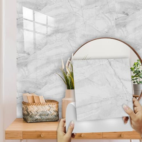 Kitchen Tile Stickers 15cm x 15cm Grey Marble Stick on Tiles Tile Stickers for Bathroom Stick on Wall Tiles Backsplash for Kitchen Stick on Tiles Self-Adhesive Vinyl Home Decoration （10 Pieces）