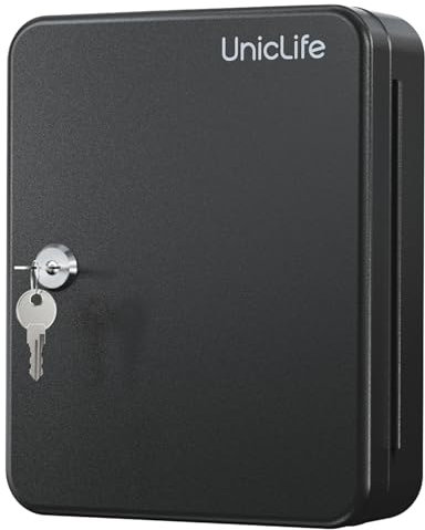Uniclife Armadietto per Chiavi in Acciaio a 28 Tasti con 2 Chiavi di Sblocco Organizzatore di Chiavi a Parete Scatola di Sicurezza Nera Smerigliata con Ganci e Targhette Portachiavi Grandi in 5 Colori