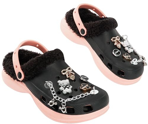 CityComfort Zuecos Invierno Niña con Forro Sherpa, Clogs con Charms Extraíbles, Zapatillas Casa Calentitos para el Frío (33 EU, Negro)
