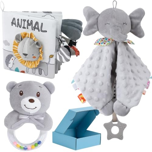Set med 3 st nyfödd bebis pojke och flicka, baby och plysch Doudou filt + Sensorisk babybok mjuka texturer + babyskallra, nyfödd babygåva 0 6 12 månader original (förpackning med 3 produkter)