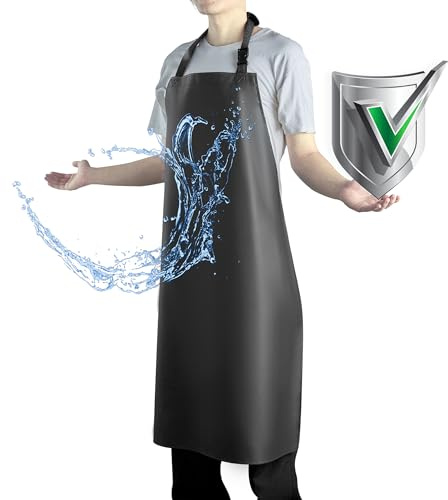 Vammcht Waterproof Apron with Comfortable Adjustable Bib Rubber Vinyl Dishwasher Heavy Duty Apron for Men Women Dishwashing, Black, One Size Fits All