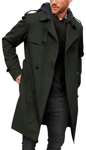 Runcati Men's Coat Double Breasted Trench Coat Long Lapel Business Jacket with Belt