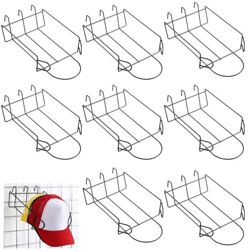 Yaocom 8 Pcs Gridwall Hat Display Rack, Metal Wire Retail Display Shelves Gridwall Organizer Accessories for Grid Panel Displaying Baseball Hats for Home Commercial, Black