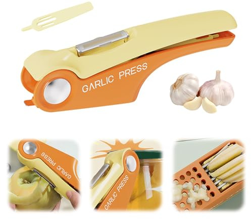 Spremiaglio in acciaio inox, spremiaglio a bilanciere con manico, affettatrice aglio Garlic Press, utensile da cucina in acciaio inox, facile da usare e da pulire (giallo)