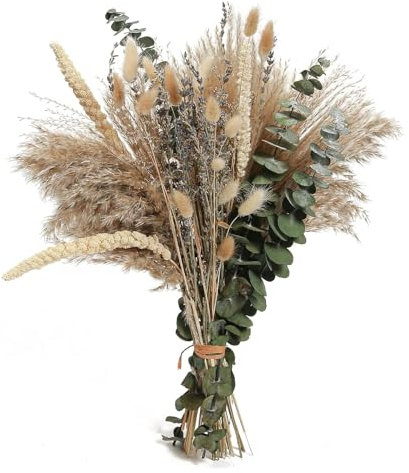 100 STK Pampasgras Deko, Boho Pampas Gras Trockenblumen Natürliche Schilfblume Getrocknete Eukalyptus Lavendel Blumenstrauß Boho für Wohnzimmer Home Hochzeit Esszimmertisch Deko