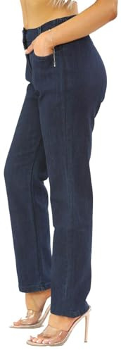 UK Dispatch Womens Side Elastic Waist Jeans Straight Leg Regular Fit 25 Leg Ladies,16,Dark Blue