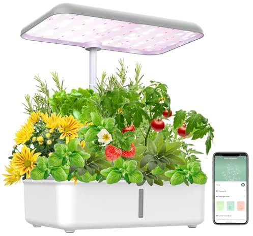YIYEGO WiFi Hydroponisches Anzuchtsystem, 14Pods Smart Garden mit Led Pflanzenlampe, Manuell/APP Gesteuert, Automatisch Timer Indoor Kräutergarten Kit, Höhenverstellbar, 42cm, Grau