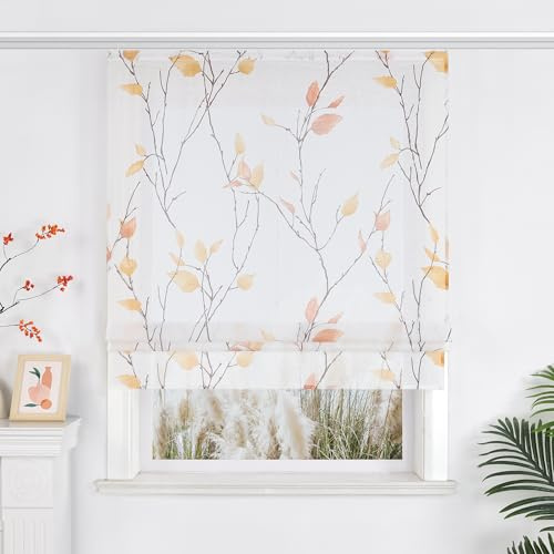 Yujiao Mao Voile Raffrollo mit Schienenbefestigung Blattmuster Naturales Motiv Raffgardine 1 Stück,orange B120*H140cm