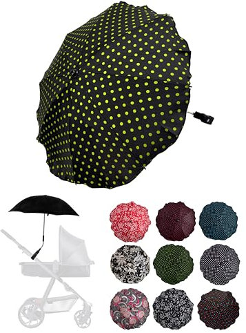 Sonnenschutz universal [Sonnenschirm für Kinderwagen] Buggy UV Schutz 50+ mit Universalhalterung biegsamer Schirm für Rund- und Ovalrohre verstellbar (schwarz-grün Punkte)