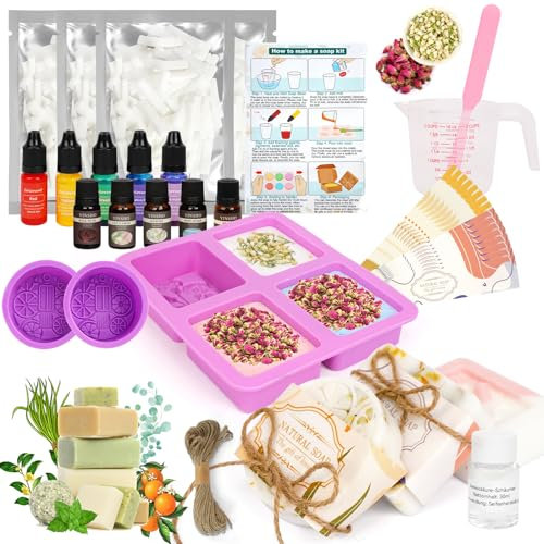 HOTOOLME Seifenherstellung Kit DIY Seife selber Machen Set mit 1,5 kg Seifenbasis, 4 Düfte, 4 Farben, 2 Seifen Silikonform zum Selbstmachen DIY Seife Set für Anfänger & Erwachsene