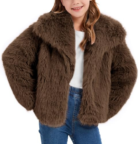 Flygo Girls Faux Fur Coat Kids Fluffy Long Sleeve Lapel Collar Open Front Jacket Warm Winter Shaggy Outwear with Pockets(Brown-L)