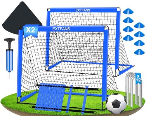 Set de 2 Buts de Football Pop-Up pour Enfants avec Échelle d'Agilité – Kit d'Entraînement Inclut Ballon Taille 3, 8 Cônes, Pompe & Sac de Transport – pour Intérieur/Extérieur