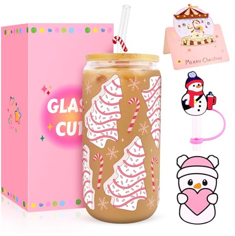 Lingdeer Christmas Glass Cups with Lids and Straws, Cute Gifts for Women Girls Teens, 16oz Christmas Cake Tree Iced Coffee Glass Cups Tumbler Mug Decorations Accessories Stuff