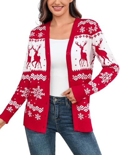 Aottori Cardigan Natalizio Donna Invernale con Reni e Fiocchi di Neve Maglione Natalizio a Maniche Lunghe Cardigan Elegante con Bottoni per Feste di Natale Rosso M