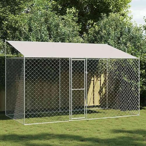 Hundekäfig mit Dach und Türen Silber 400 x 200 x 256 cm, UV- & Wasserdicht Hundezwinger Freilaufgehege für große Hunde Garten Outdoor, Verzinkter Stahl